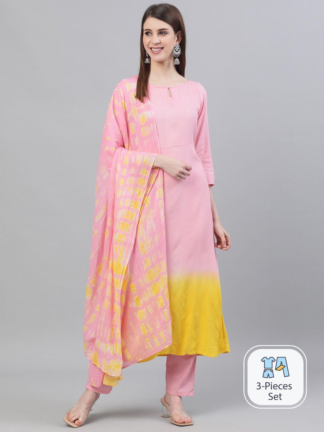 aks round neck ombre regular kurta with trousers & with dupatta