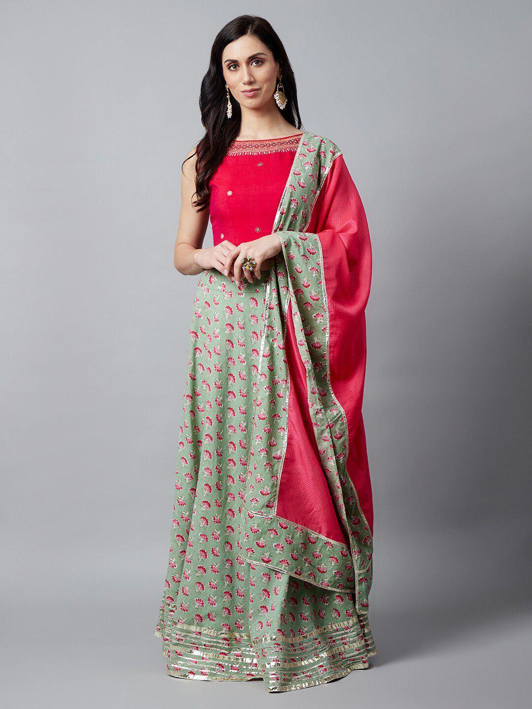 aks sea green & pink embroidered thread work ready to wear lehenga & blouse with dupatta