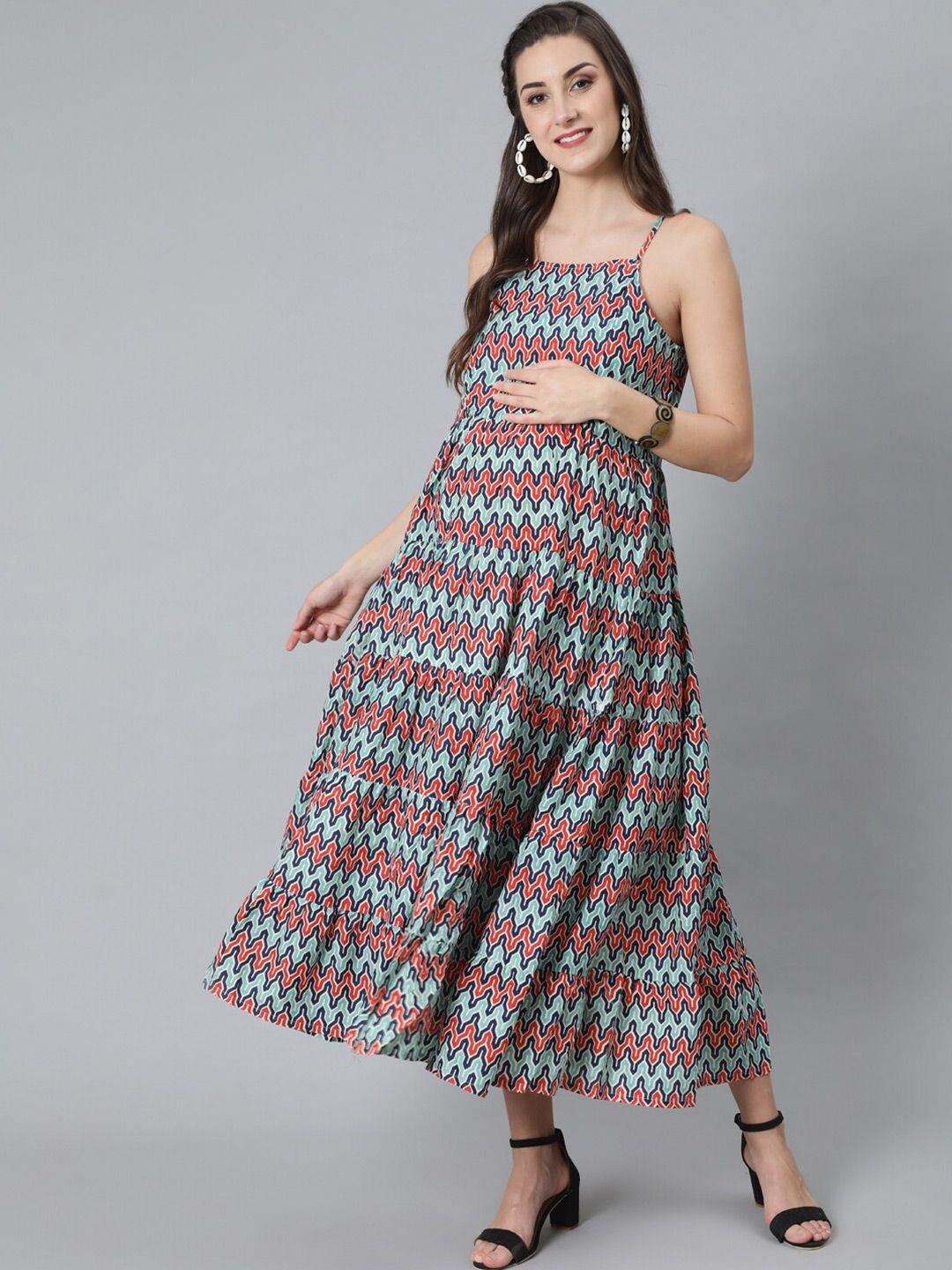 aks shoulder strap ethnic motifs printed maternity fit and flare cotton maxi dress