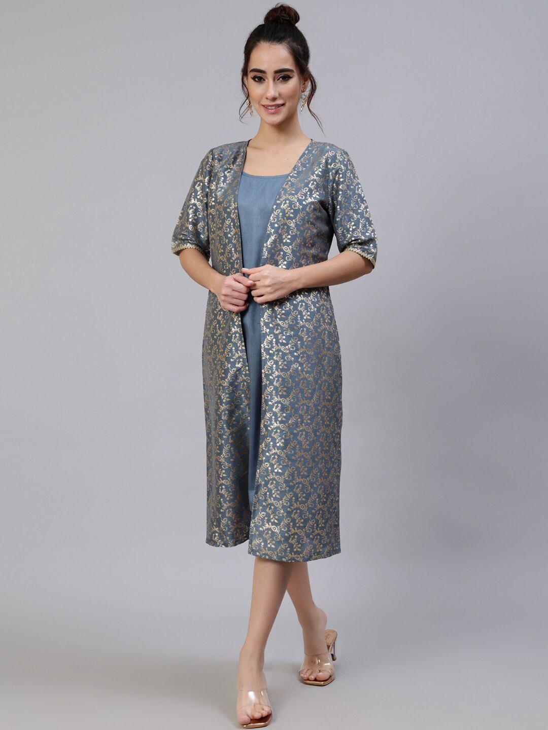aks sleeveless a-line midi dress and foil ethnic motifs printed jacket