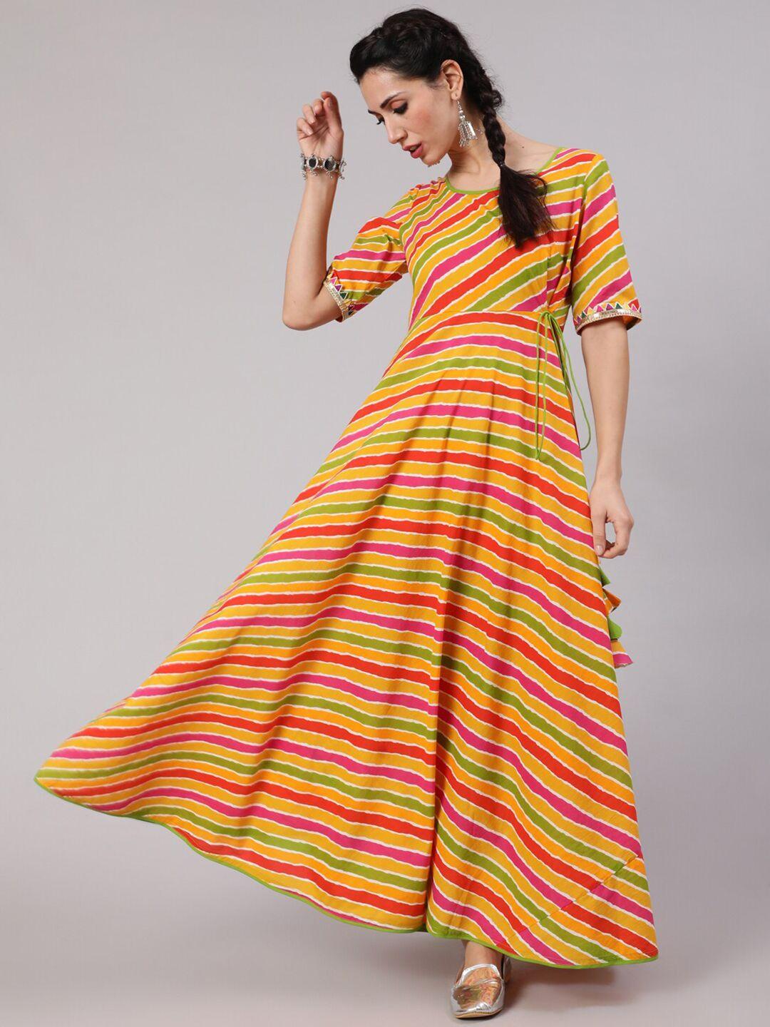 aks striped cotton fit & flare maxi ethnic dress