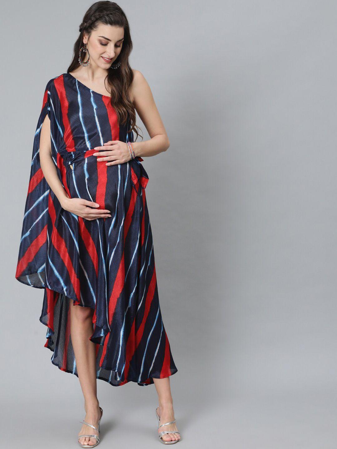 aks striped leheriya printed one shoulder maternity midi dress