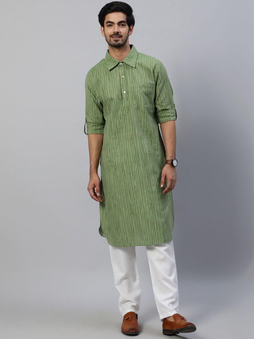 aks striped roll-up sleeves cotton straight kurta