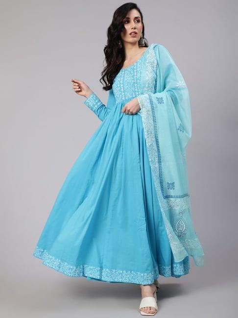 aks turquoise cotton embroidered maxi dress with dupatta
