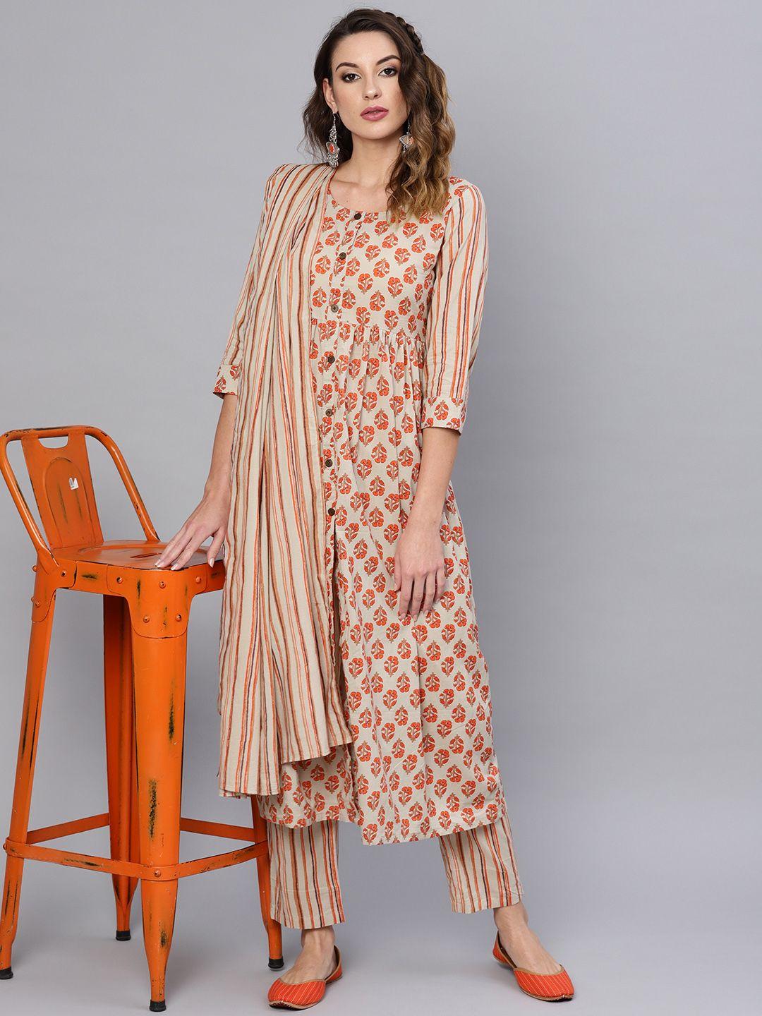 aks women beige & orange printed kurta with palazzos & dupatta
