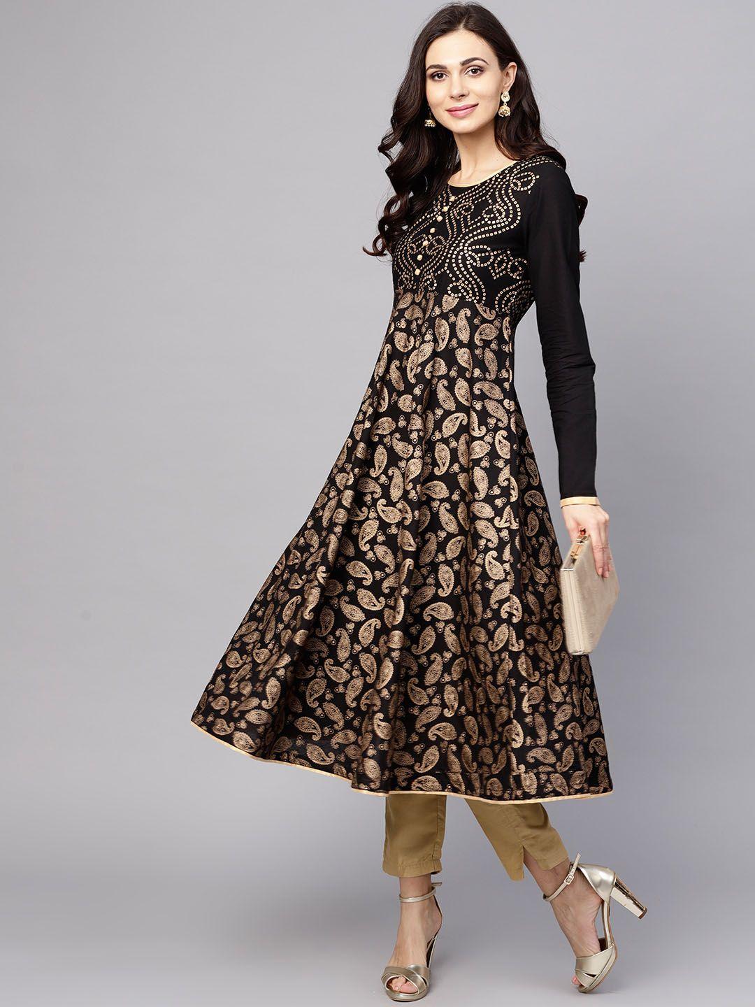 aks women black & golden printed anarkali kurta