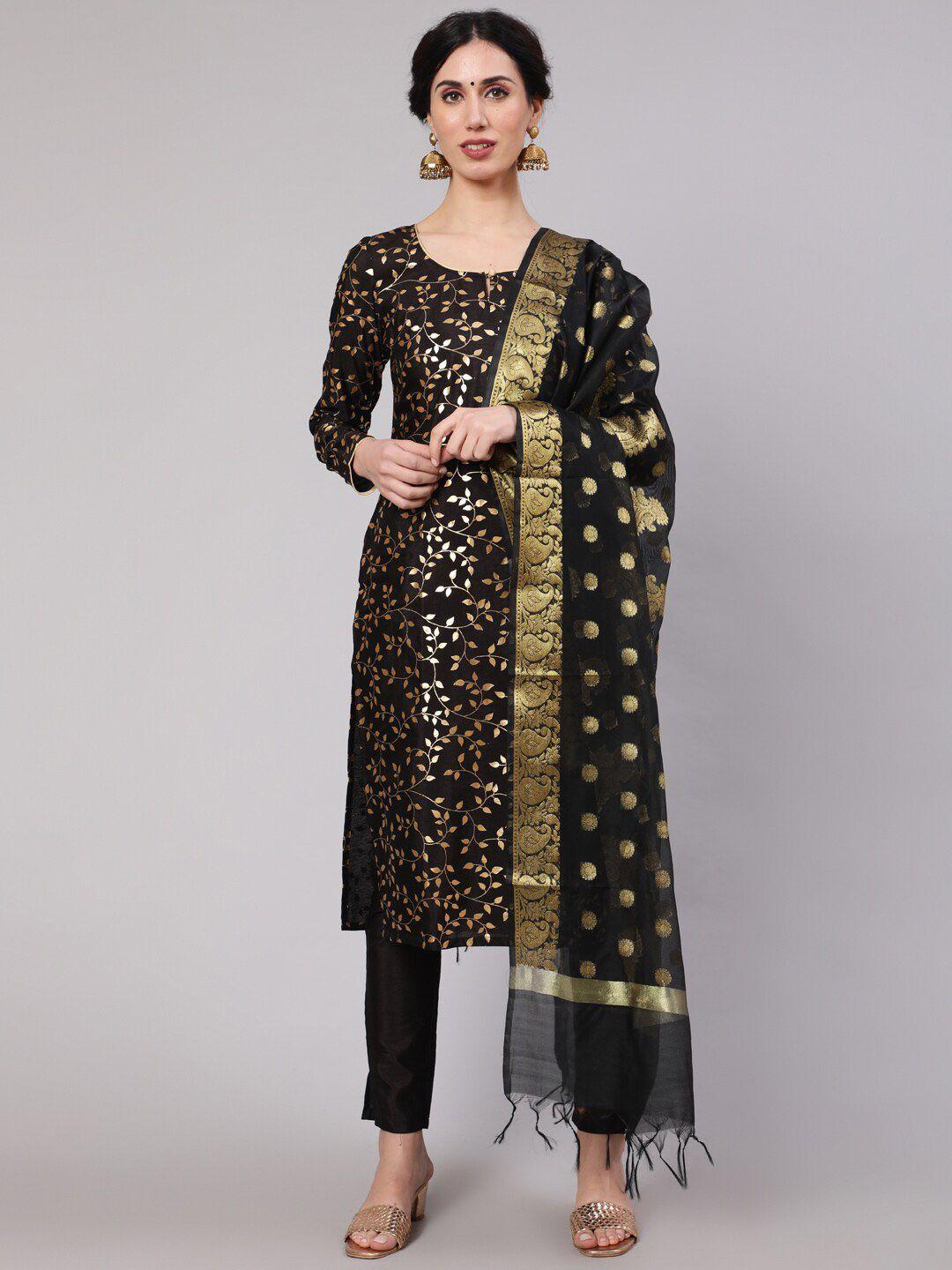 aks women black ethnic motifs printed regular kurta with trousers & with dupatta