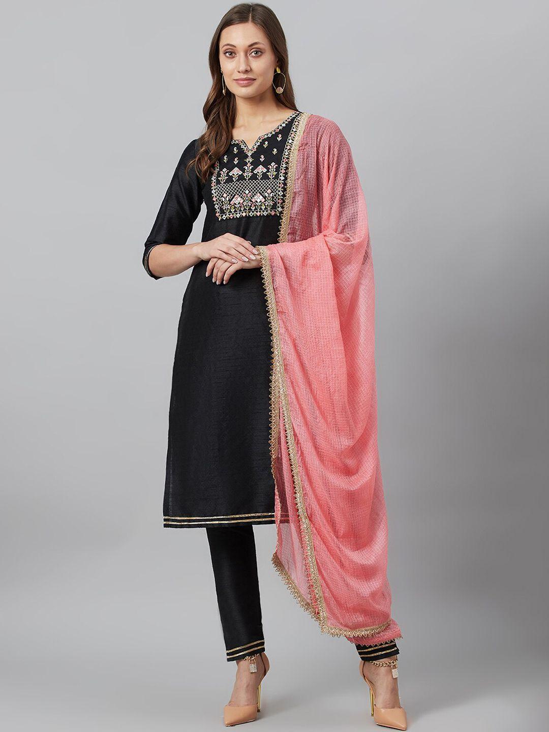 aks women black floral embroidered regular mirror work kurta with trousers & with dupatta