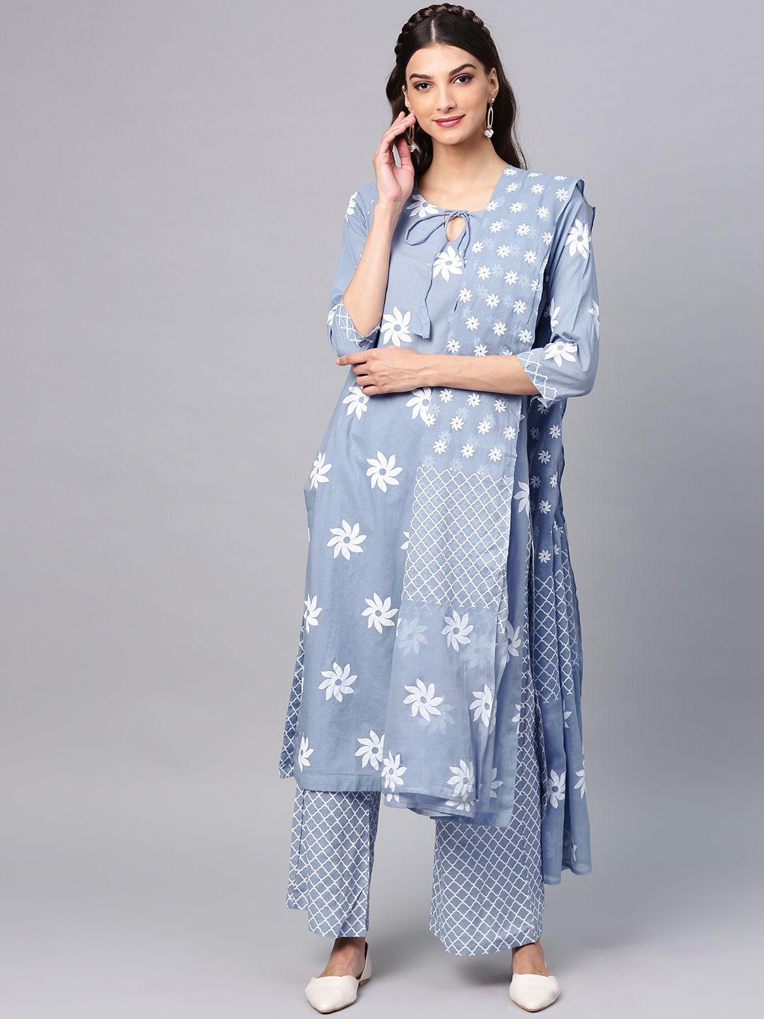aks women blue & white printed kurta with palazzos & dupatta