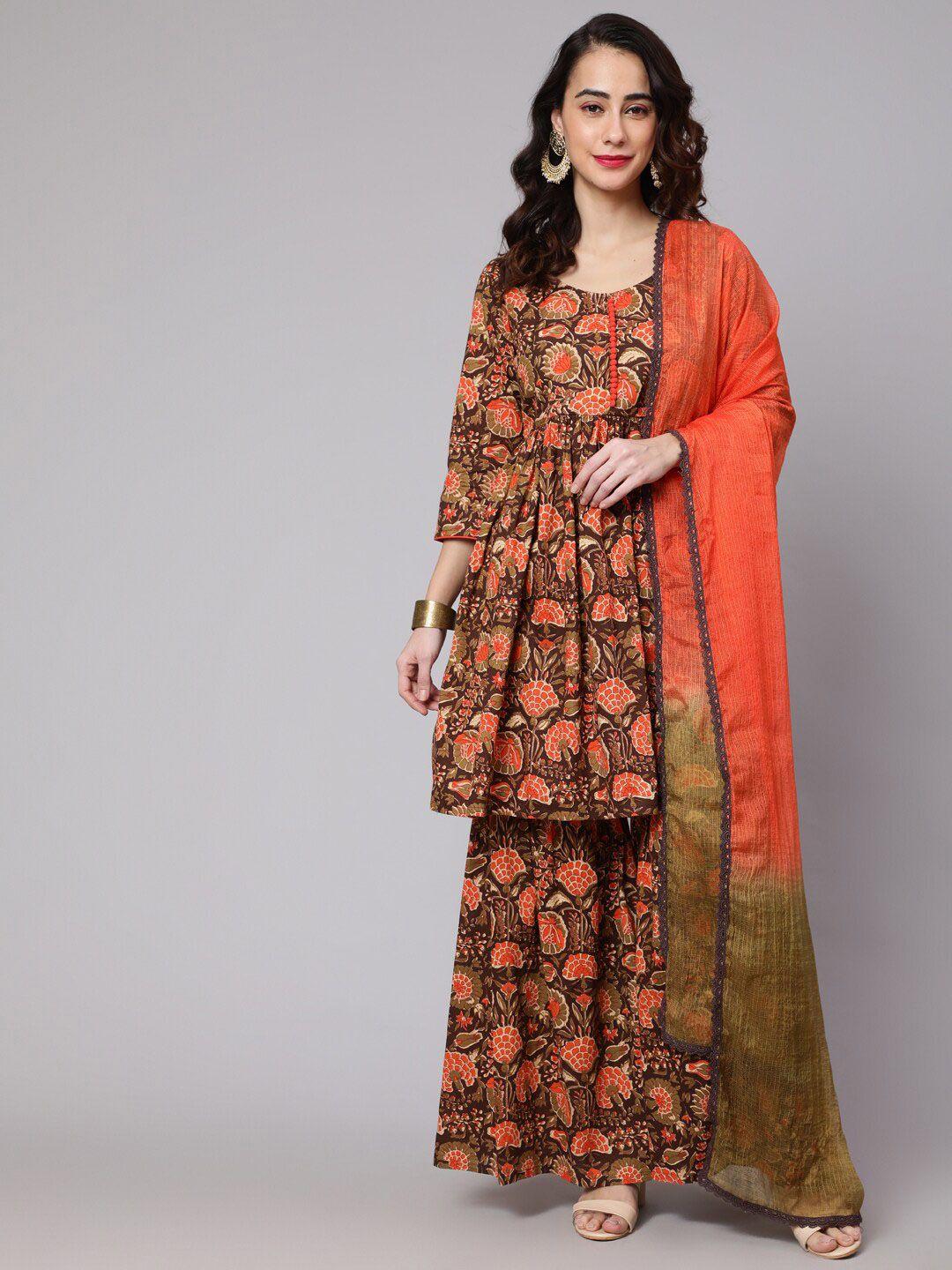 aks women brown floral printed empire pure cotton kurta with sharara & with dupatta