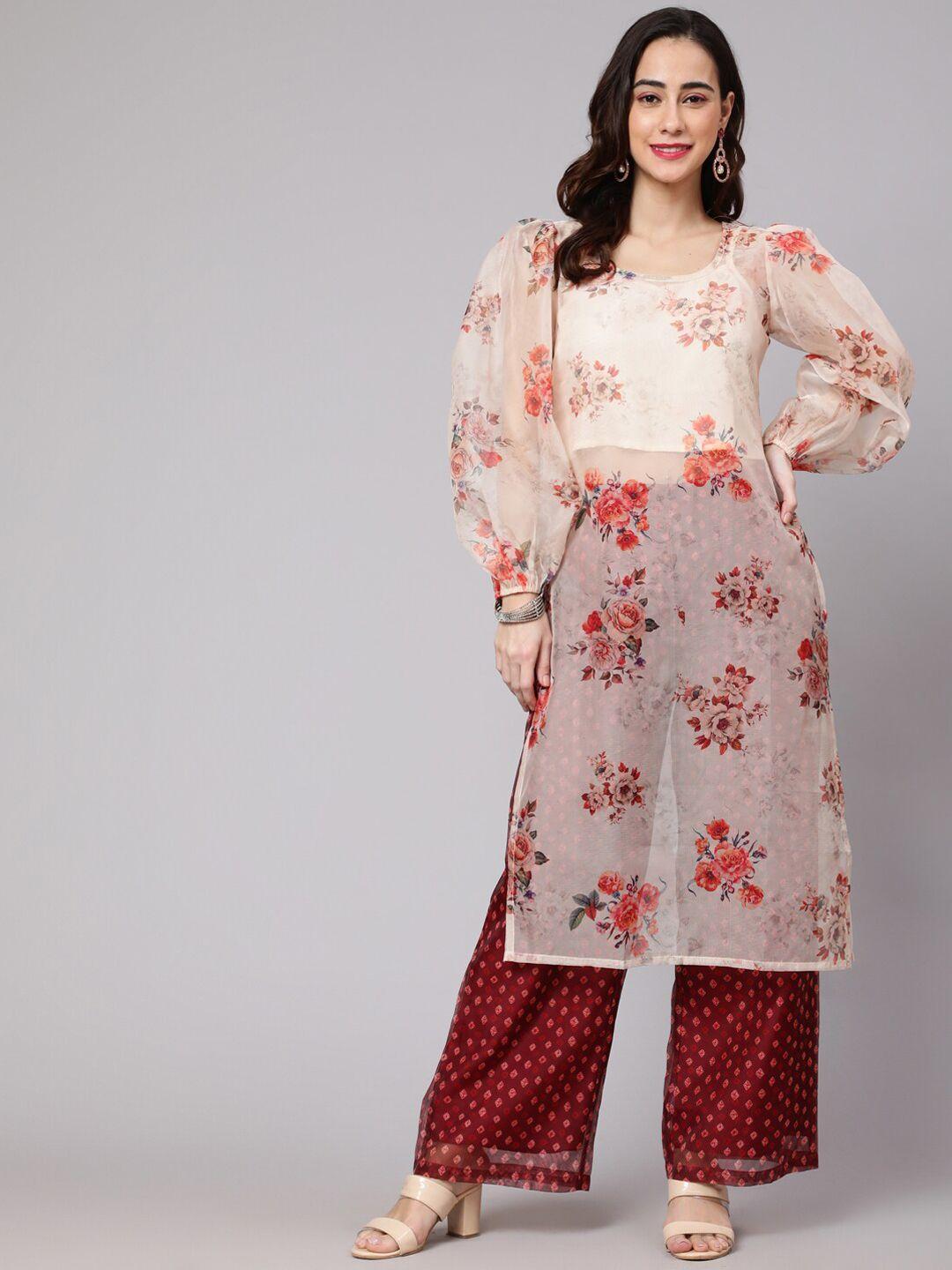 aks women cream-coloured floral printed regular kurta with palazzos