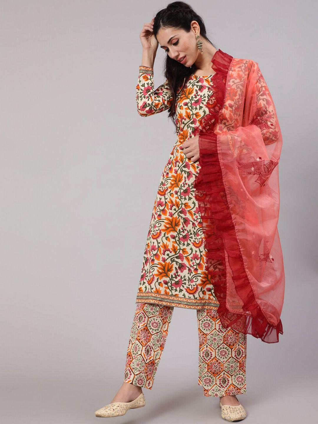 aks women cream-coloured floral printed regular pure cotton kurta with palazzos & with dupatta