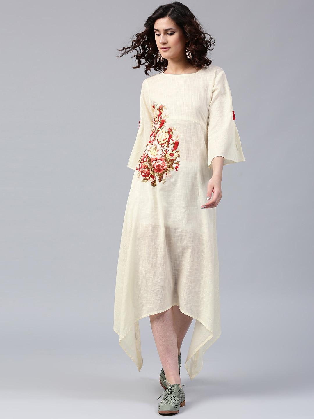 aks women cream-coloured printed midi a-line dress