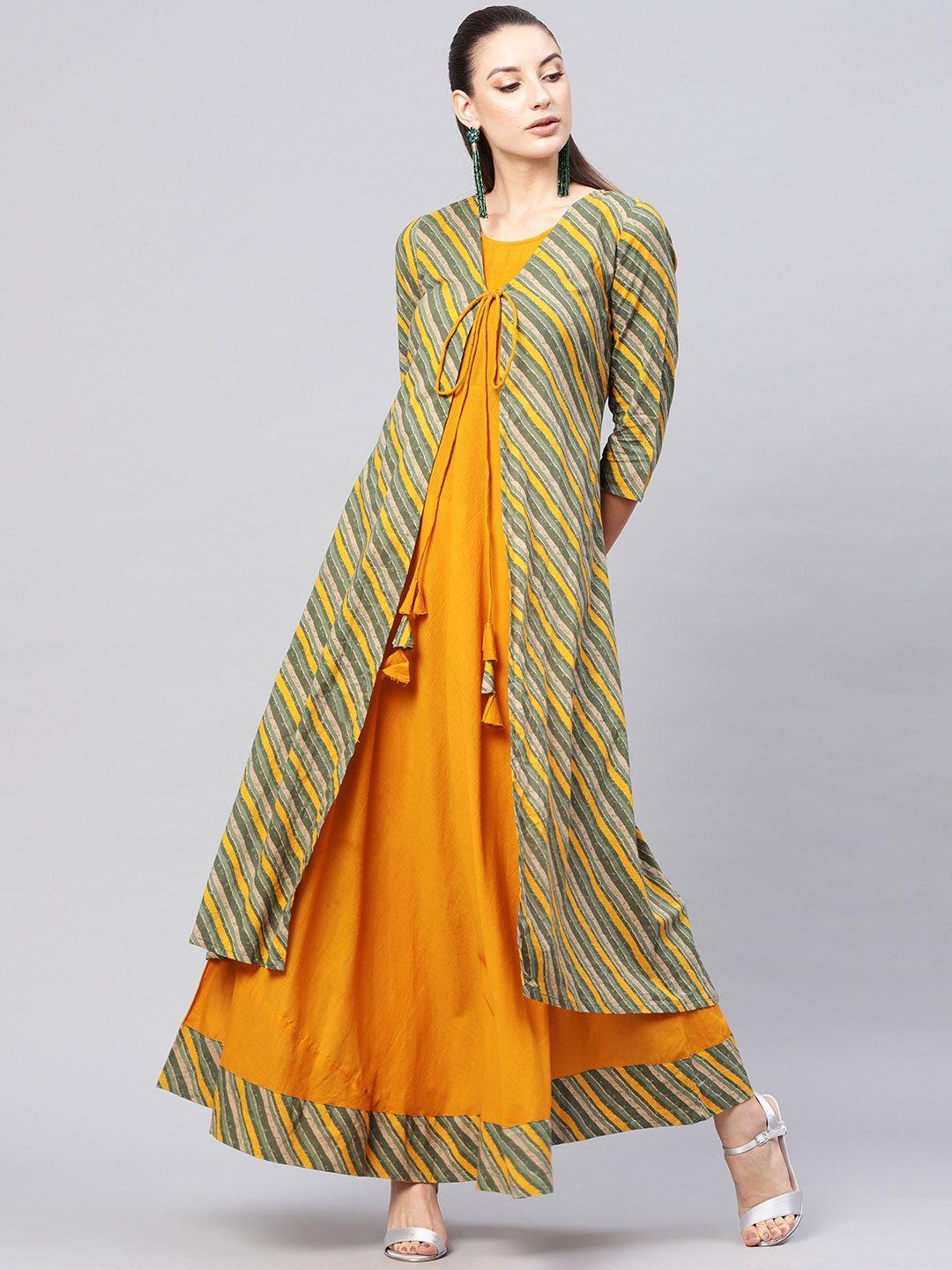 aks women green & mustard yellow printed layered maxi ethnic dress