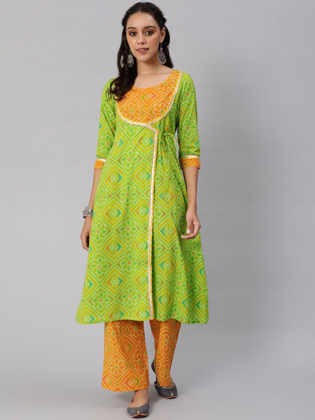 aks women green bandhani printed regular pure cotton kurta with palazzos