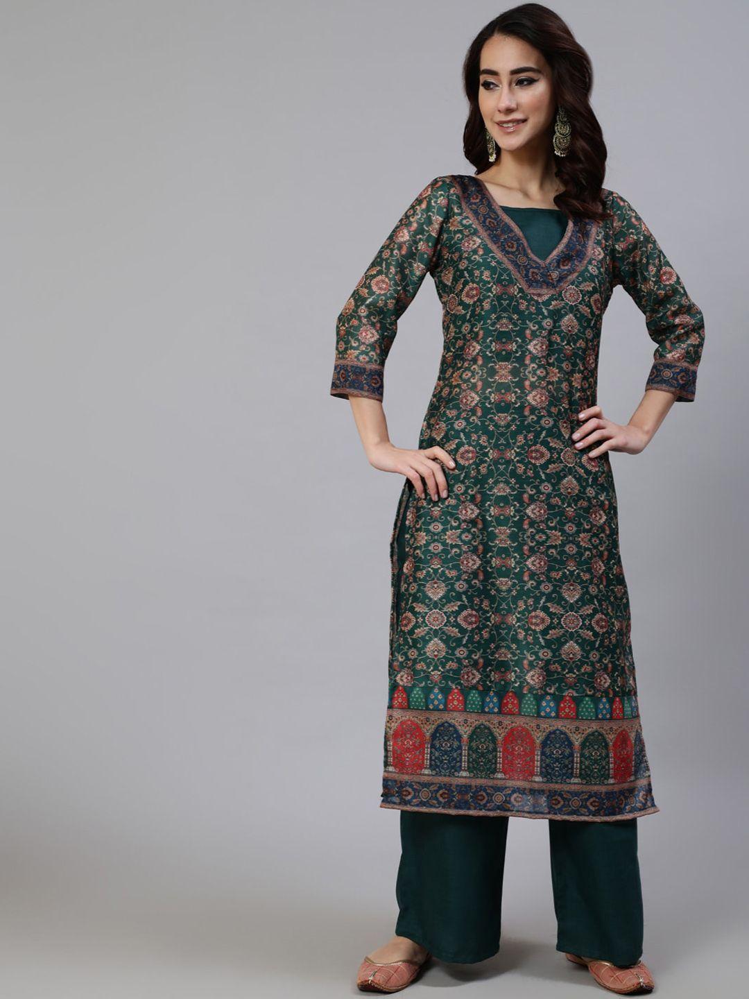 aks women green ethnic motifs printed regular chanderi silk kurta with palazzos