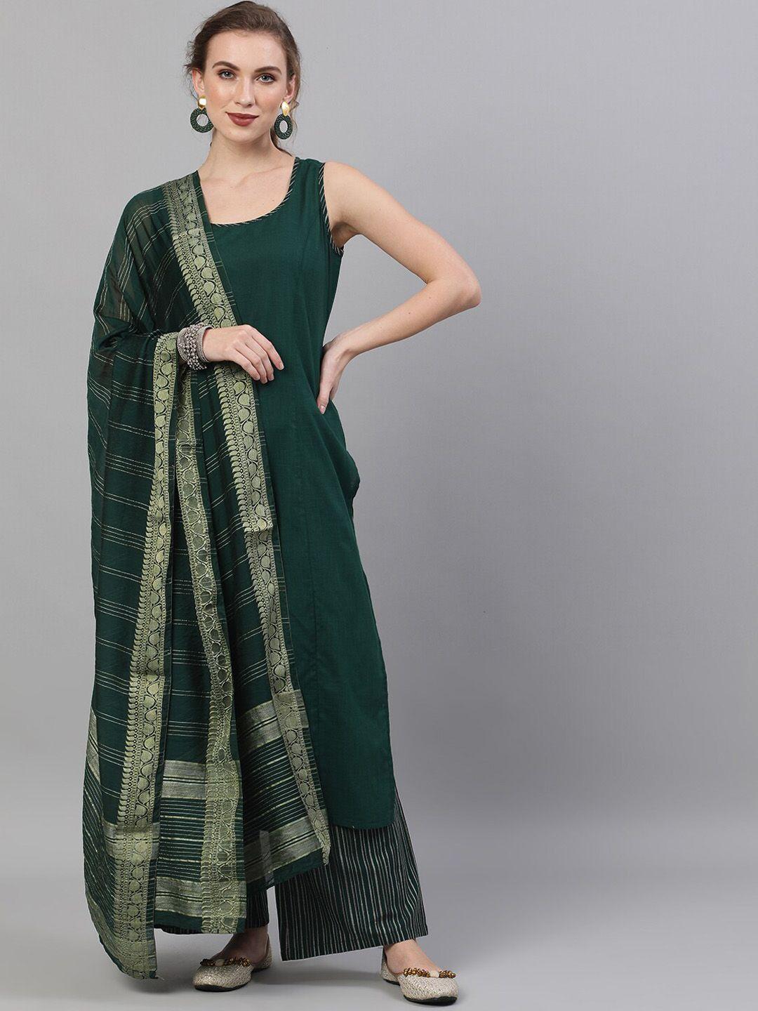 aks women green regular pure cotton kurta with palazzos & with dupatta