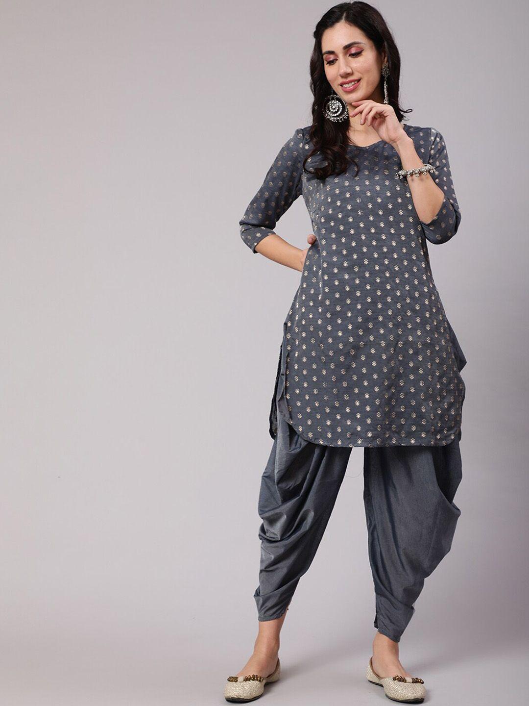 aks women grey regular chanderi silk kurta with dhoti pants