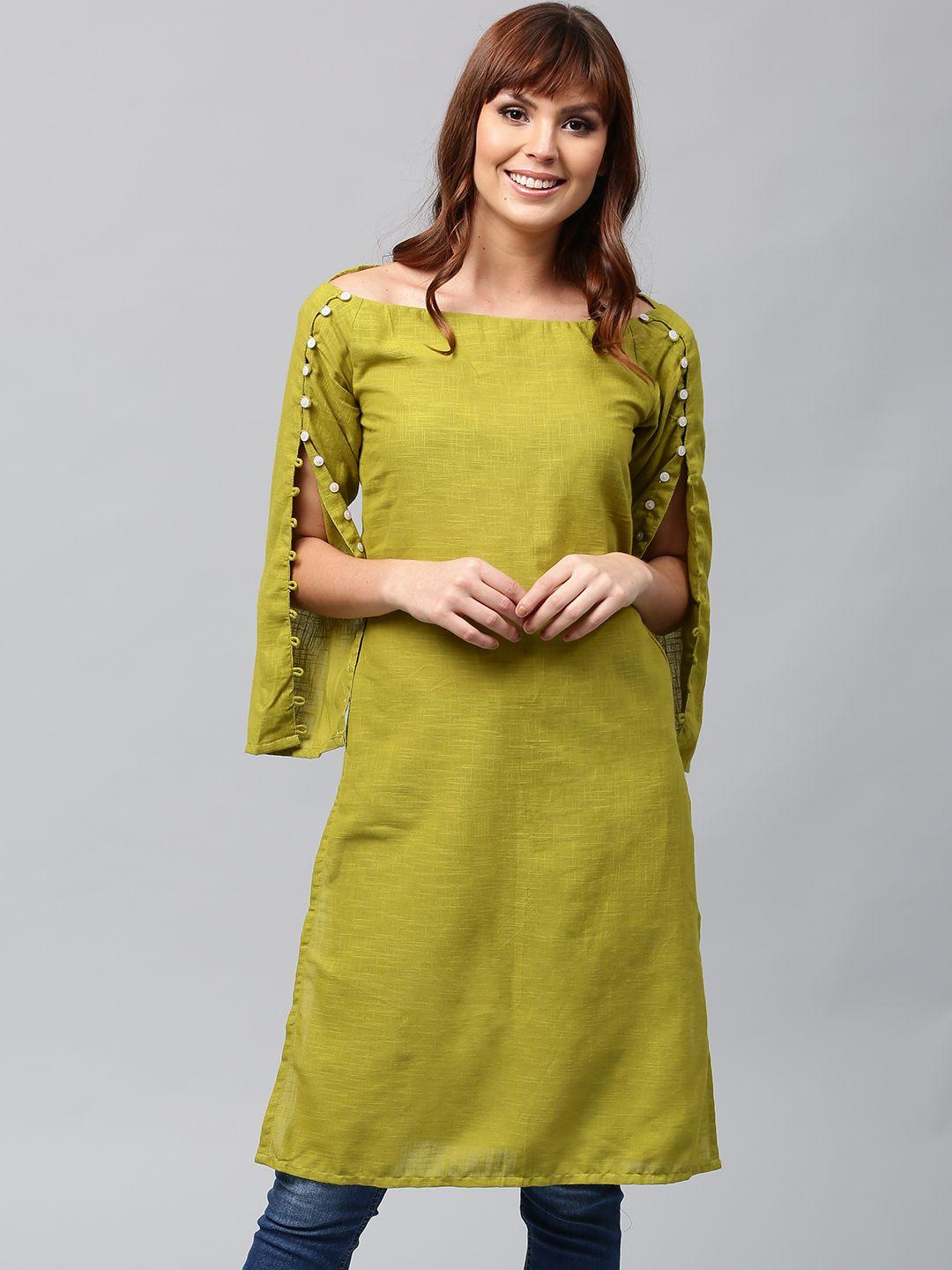 aks women lime green solid straight kurta