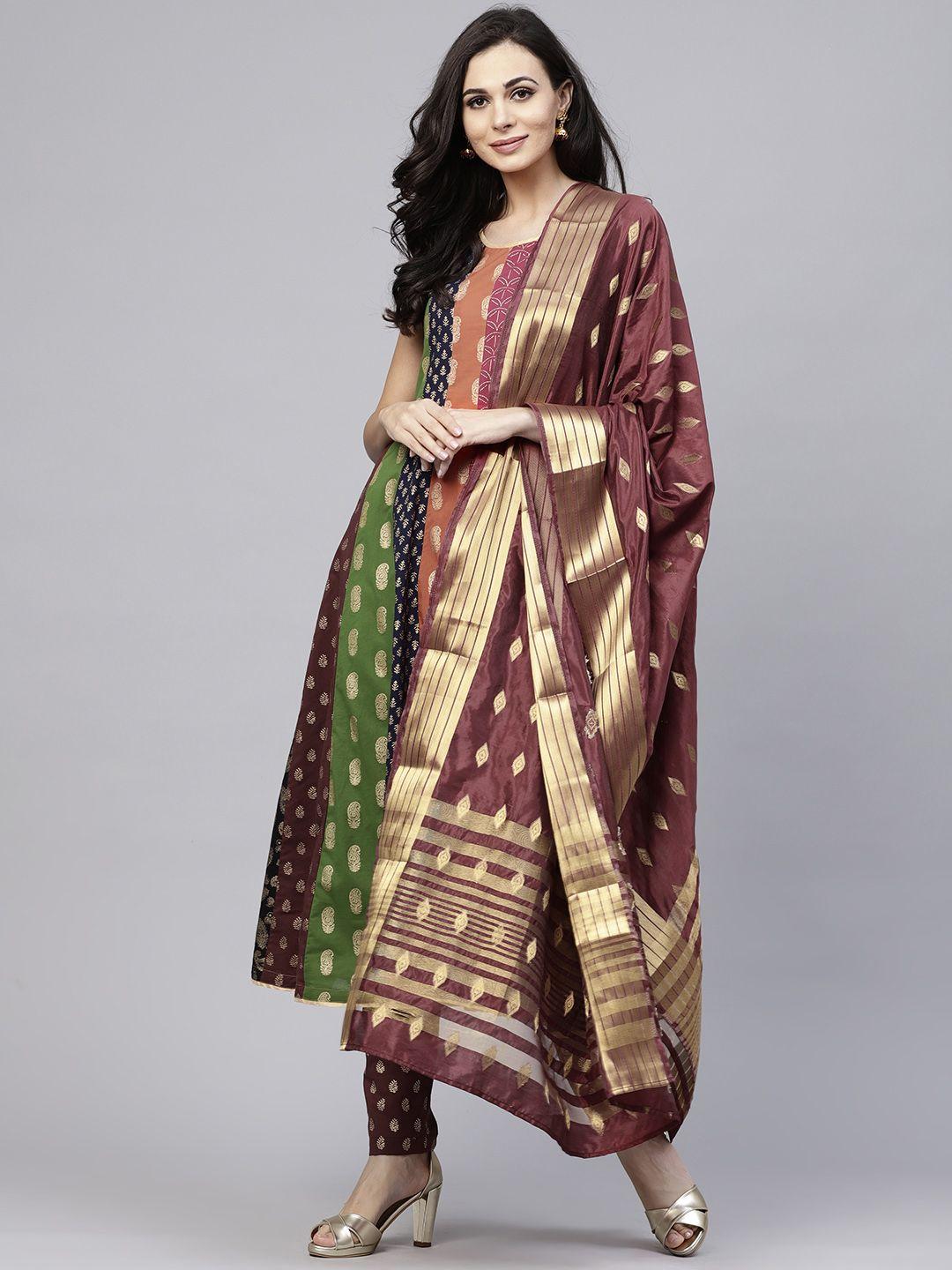 aks women multicoloured & printed anarkali kurta with trousers & dupatta