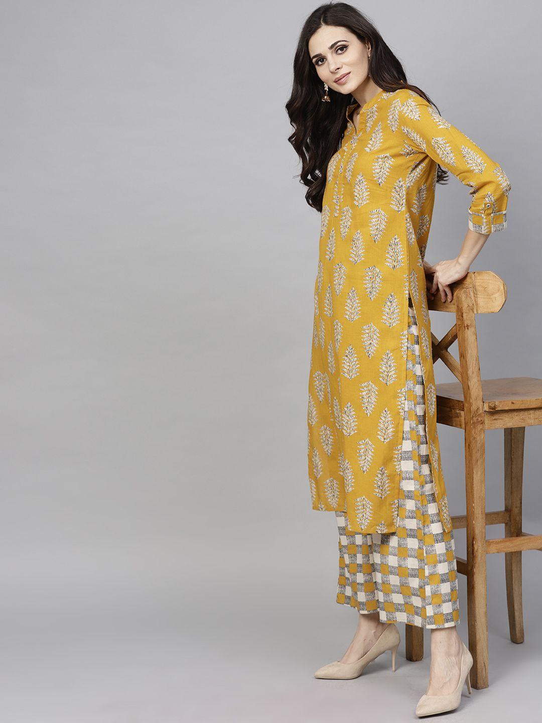 aks women mustard yellow & grey printed kurta with palazzos