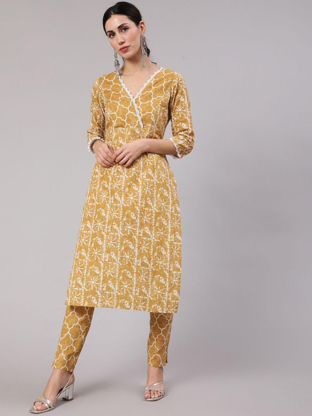 aks women mustard yellow ethnic motifs printed angrakha pure cotton kurta with trousers
