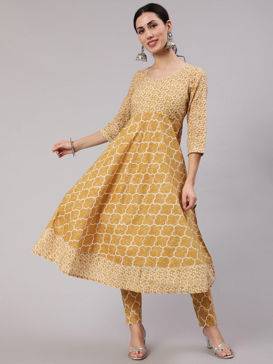 aks women mustard yellow geometric printed flared sleeves mirror work anarkali kurta