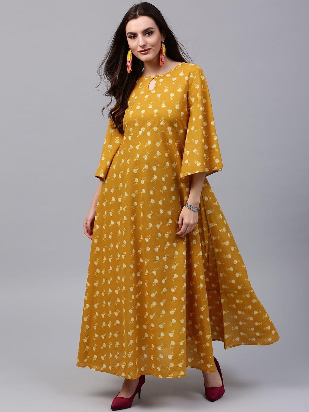 aks women mustard yellow printed maxi dress