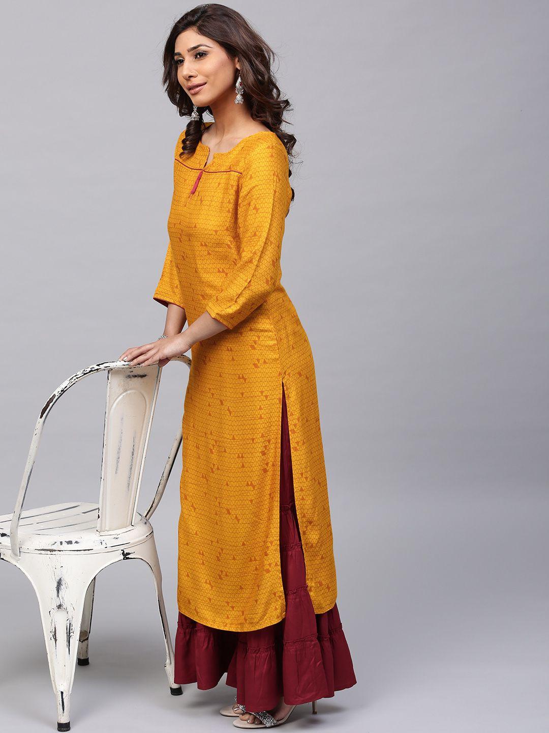 aks women mustard yellow printed straight kurta