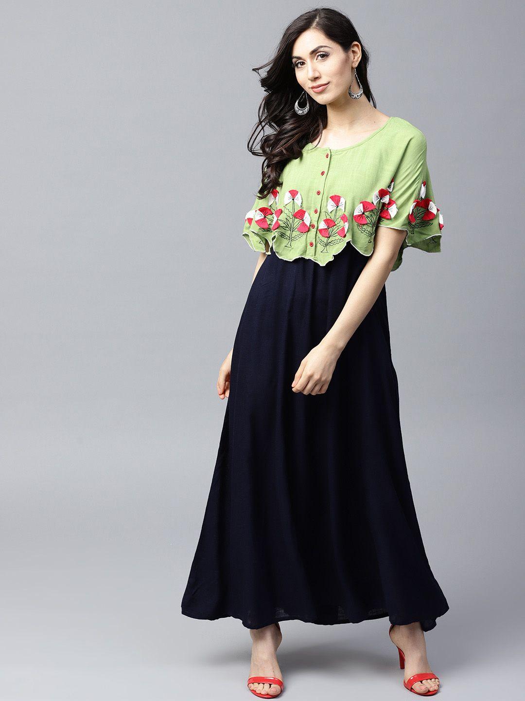 aks women navy blue & green layered maxi dress