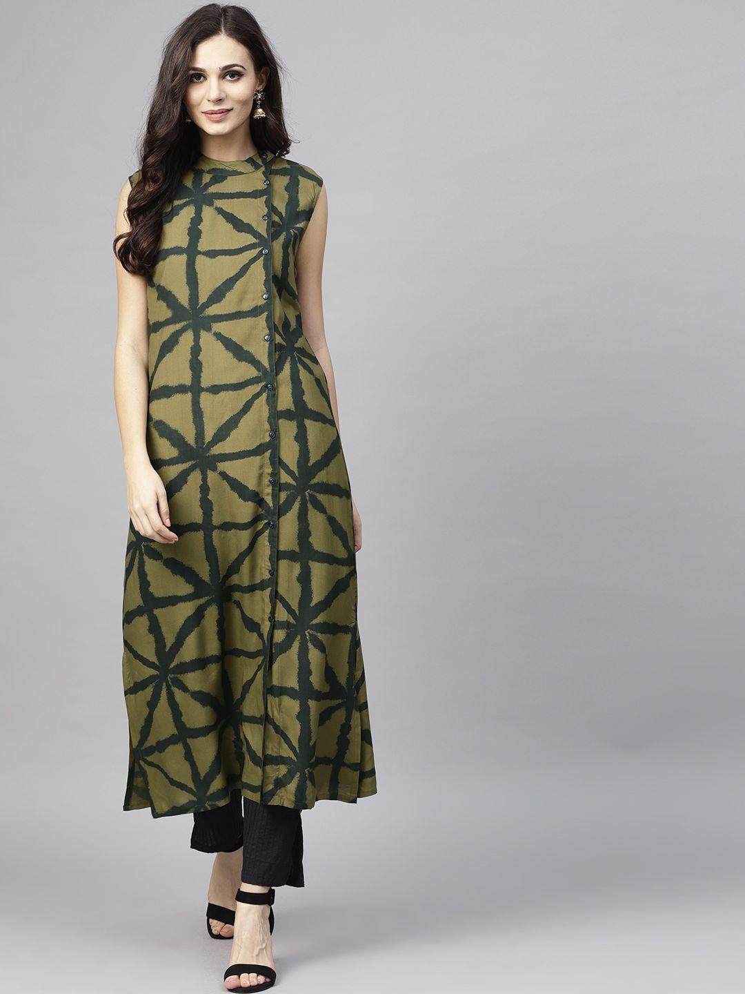 aks women olive green printed sleeveless straight kurta