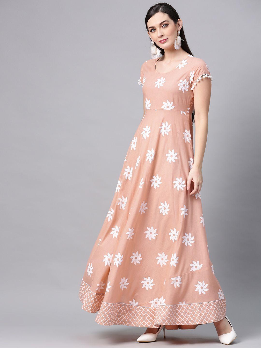 aks women peach-coloured & white printed maxi dress
