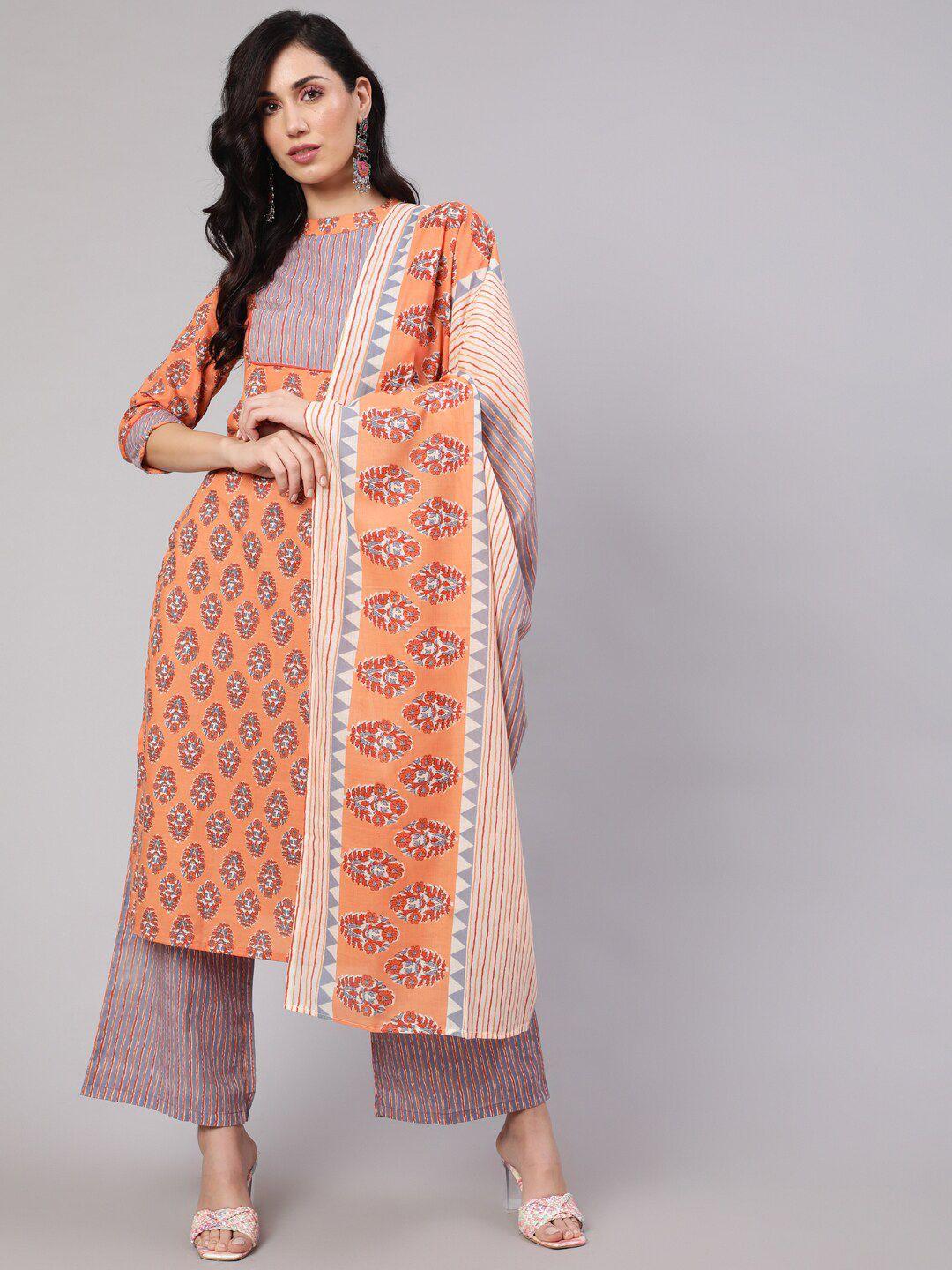 aks women peach-coloured ethnic motifs printed regular pure cotton kurta with palazzos & with dupatta