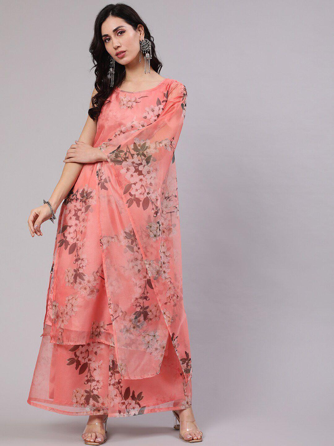 aks women peach-coloured floral printed regular kurta with palazzos