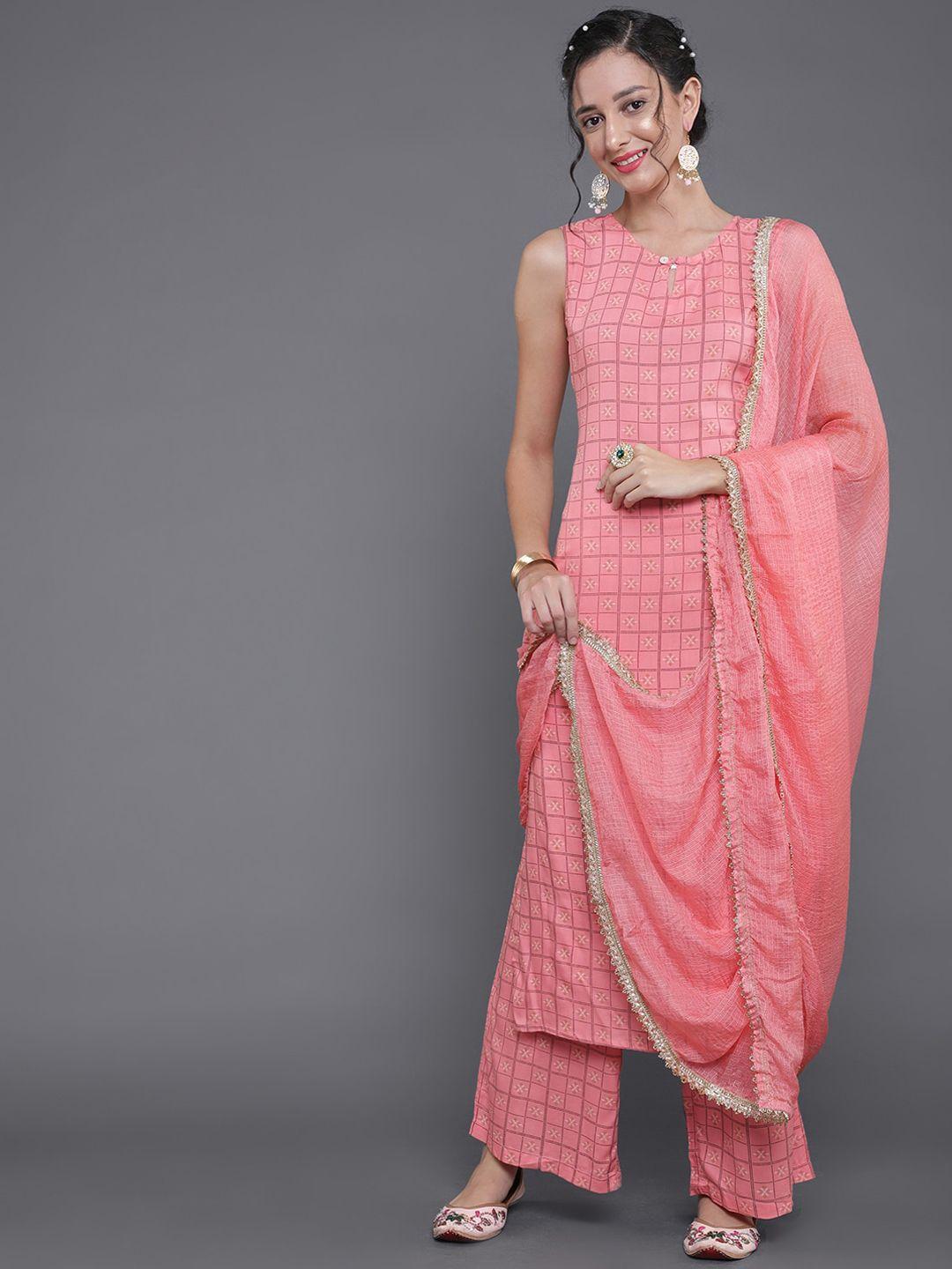 aks women peach-coloured regular kurta with palazzos & with dupatta