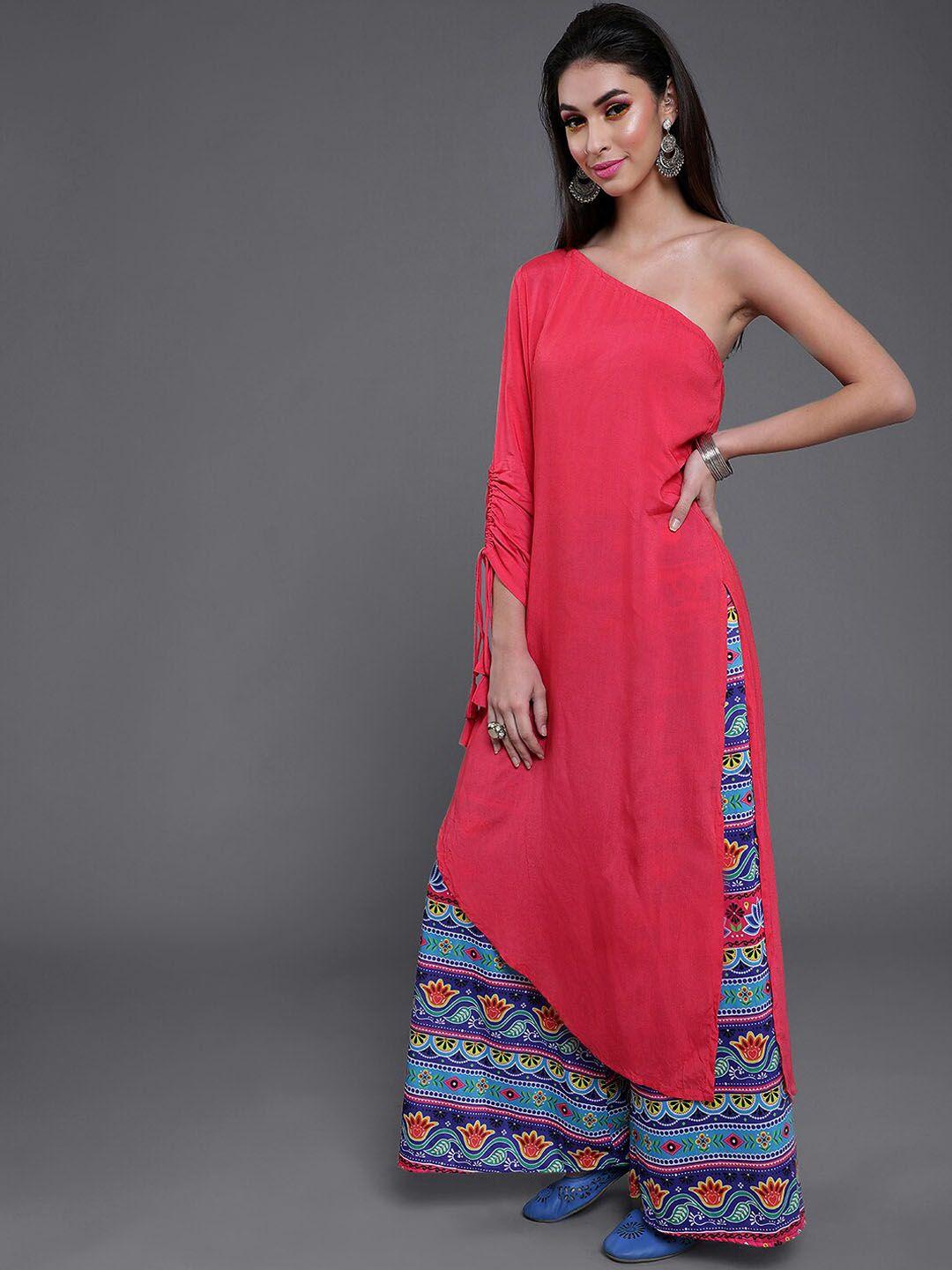 aks women pink printed regular kurta with palazzos