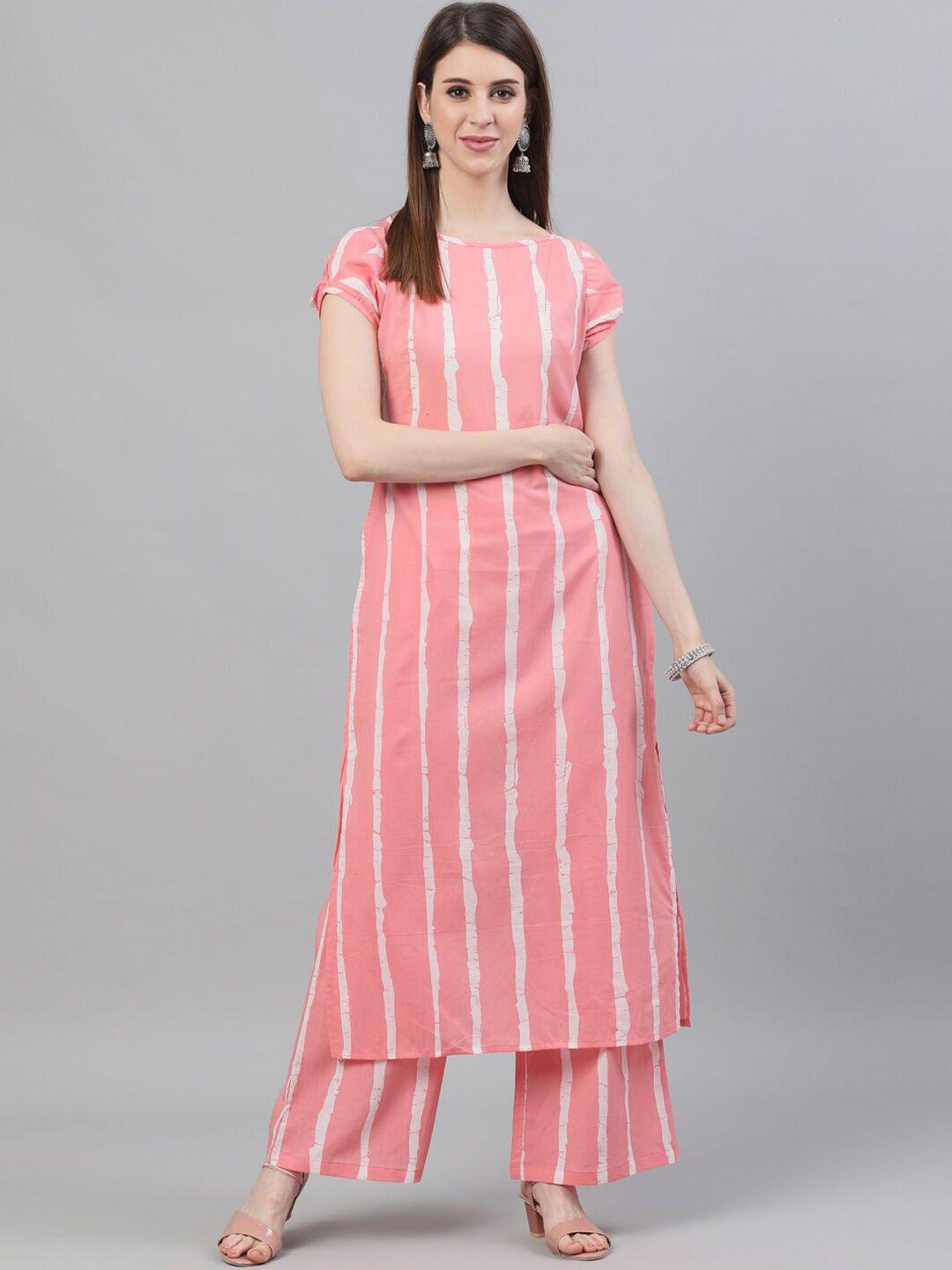 aks women pink striped regular pure cotton kurta with palazzos