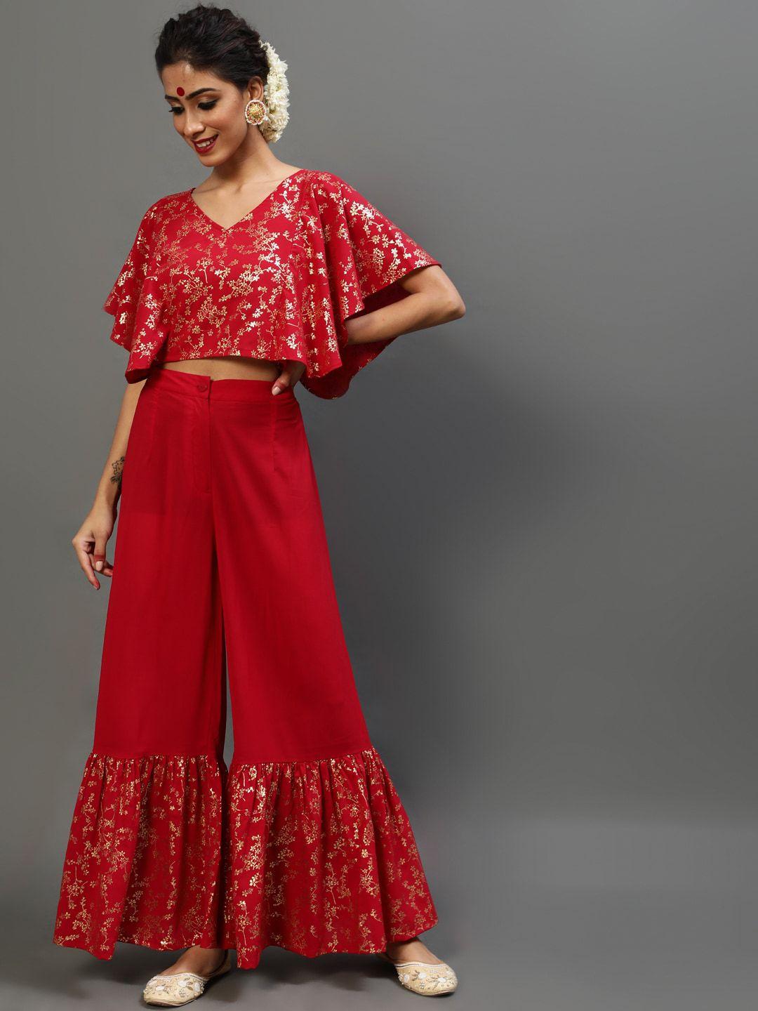 aks women printed crop top with flared sleeve & sharara  co-ord set