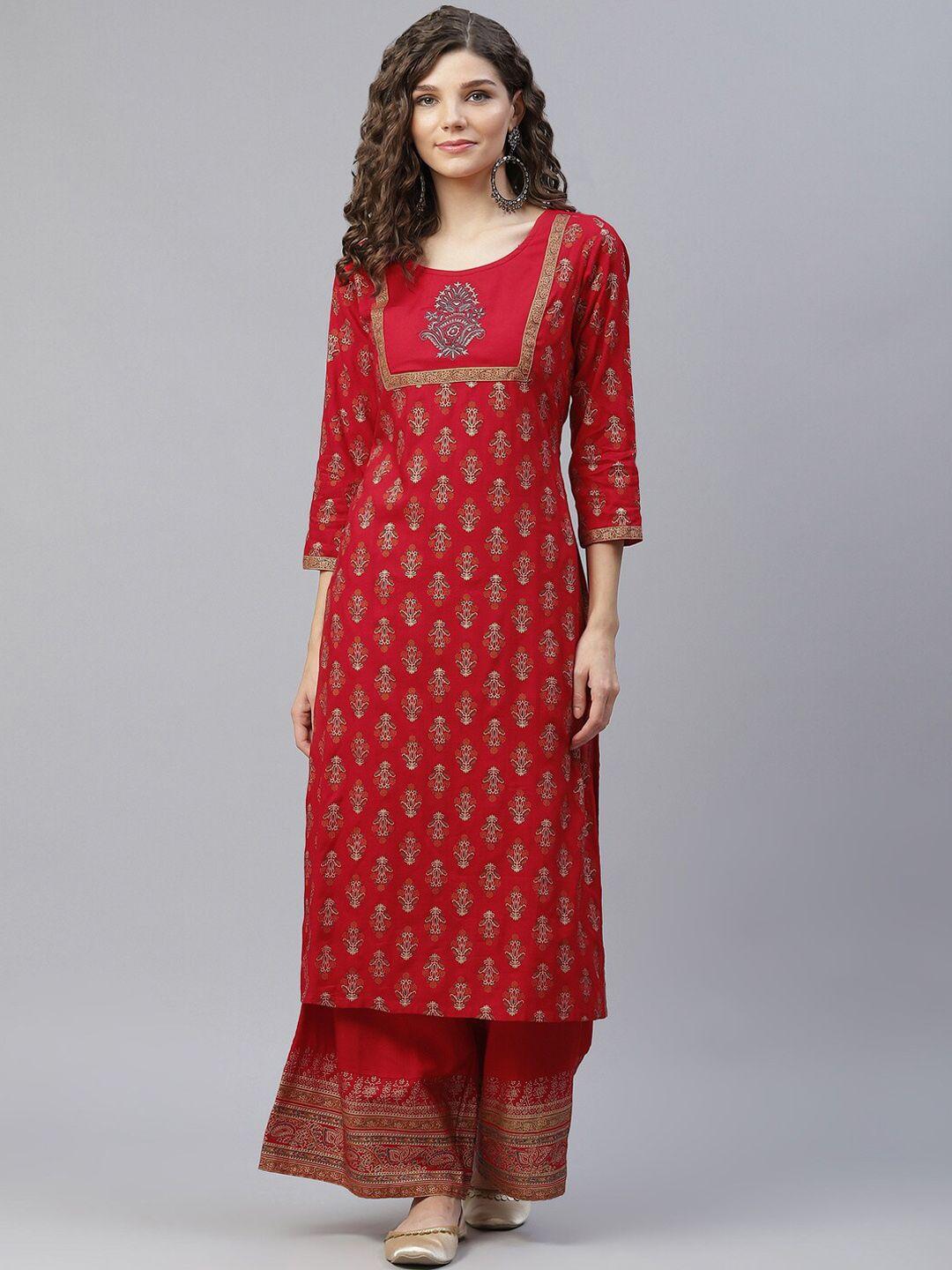 aks women red ethnic motifs printed regular thread work kurta with palazzos