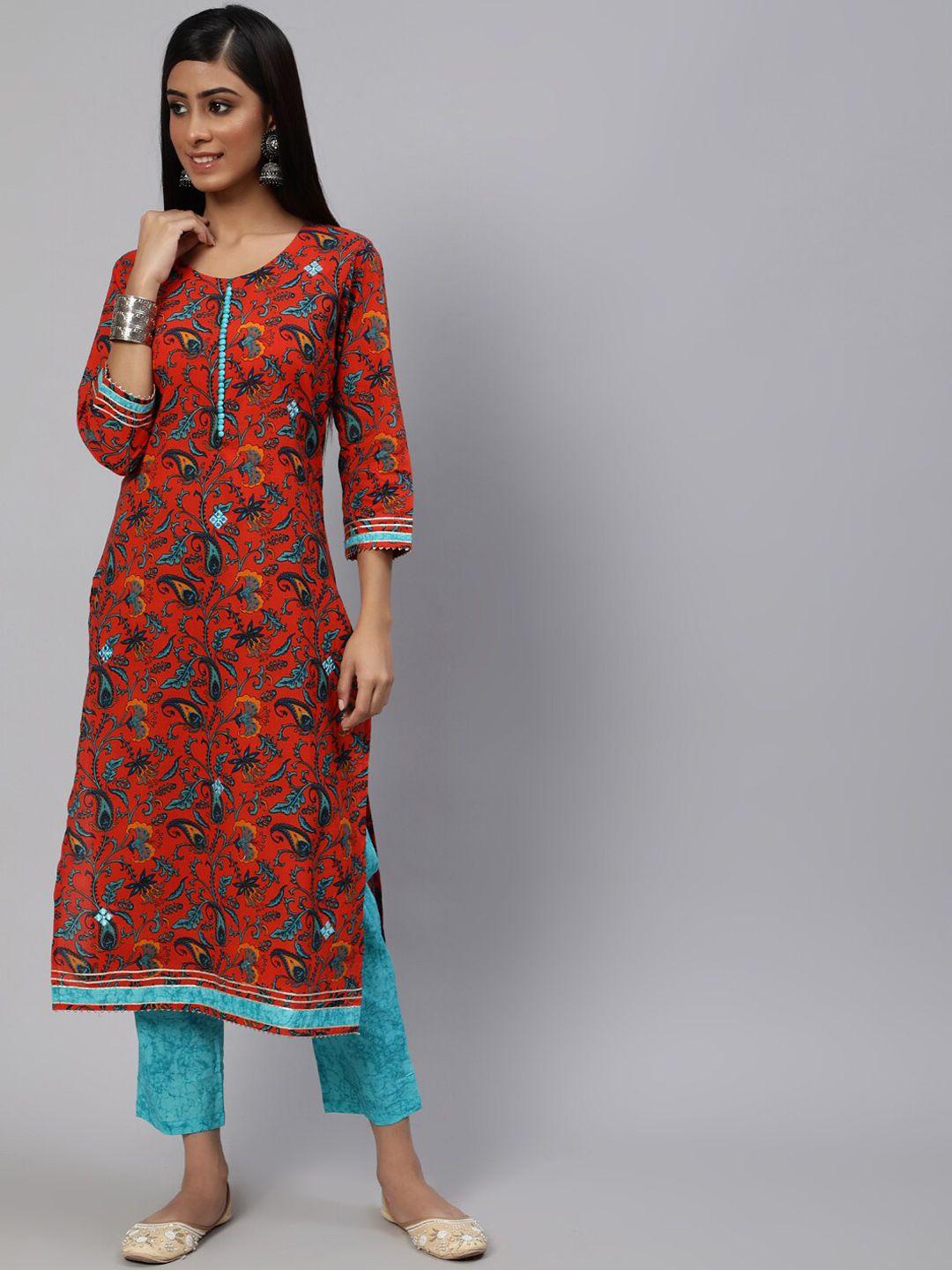 aks women red floral printed regular pure cotton kurta with trousers