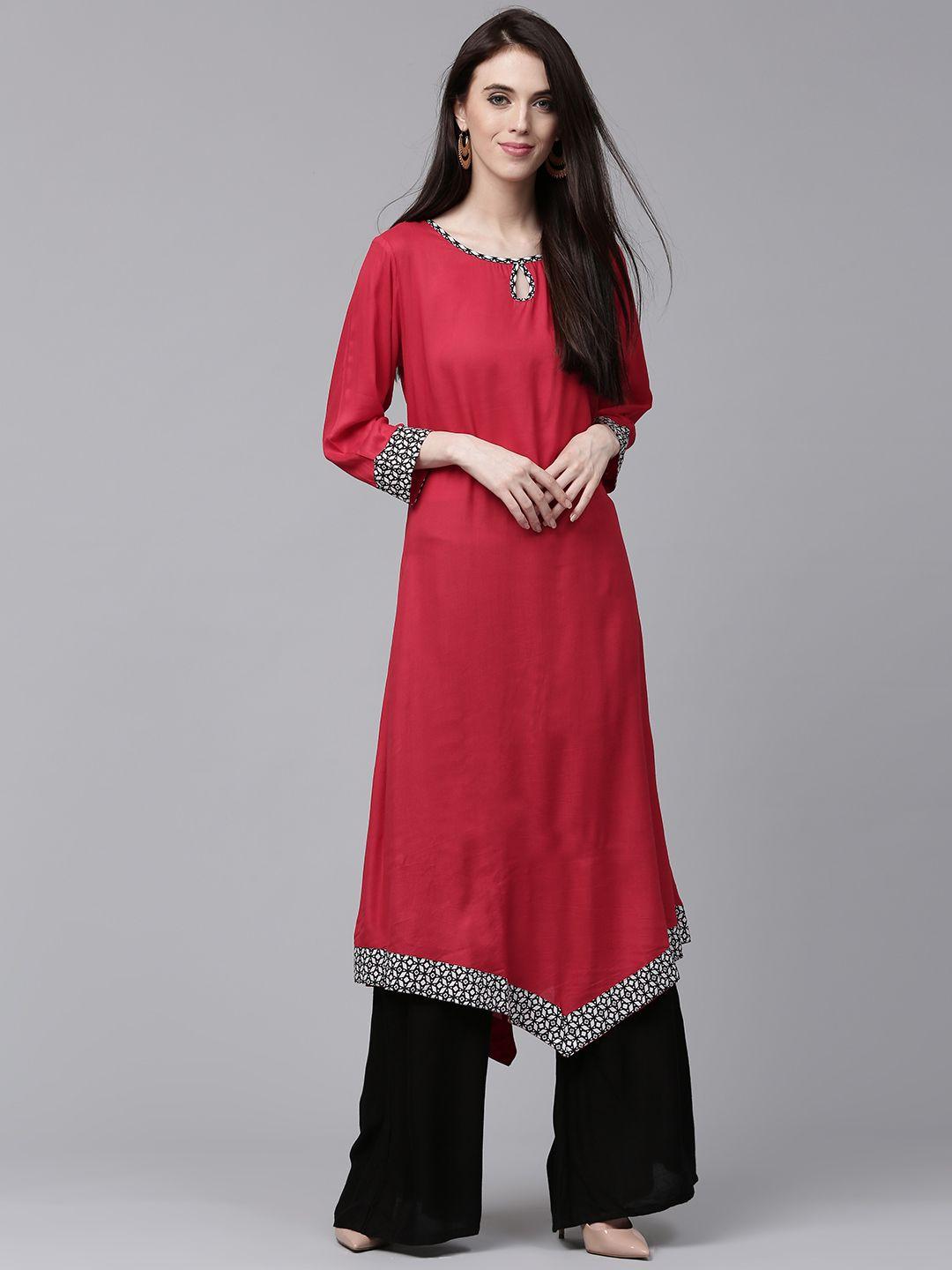 aks women red solid a-line kurta