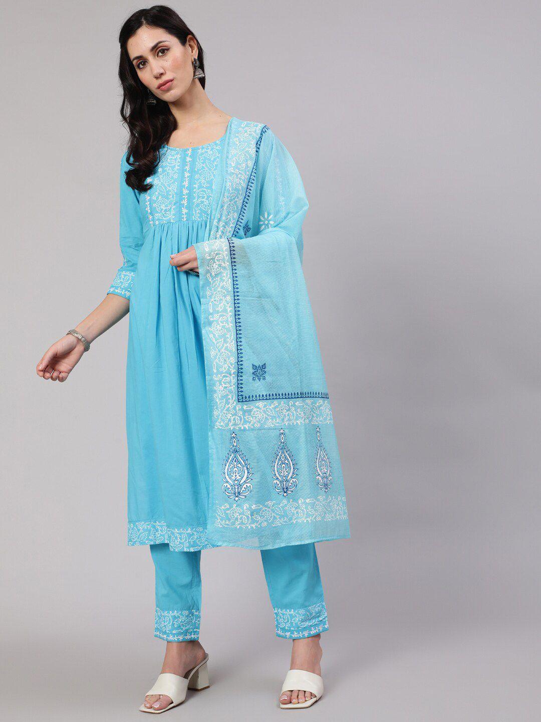 aks women turquoise blue floral printed empire pure cotton kurta with trousers & with dupatta