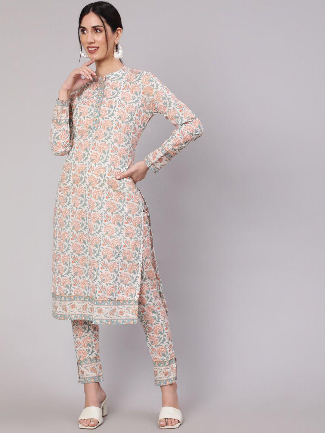 aks women white floral printed regular pure cotton kurta with trousers