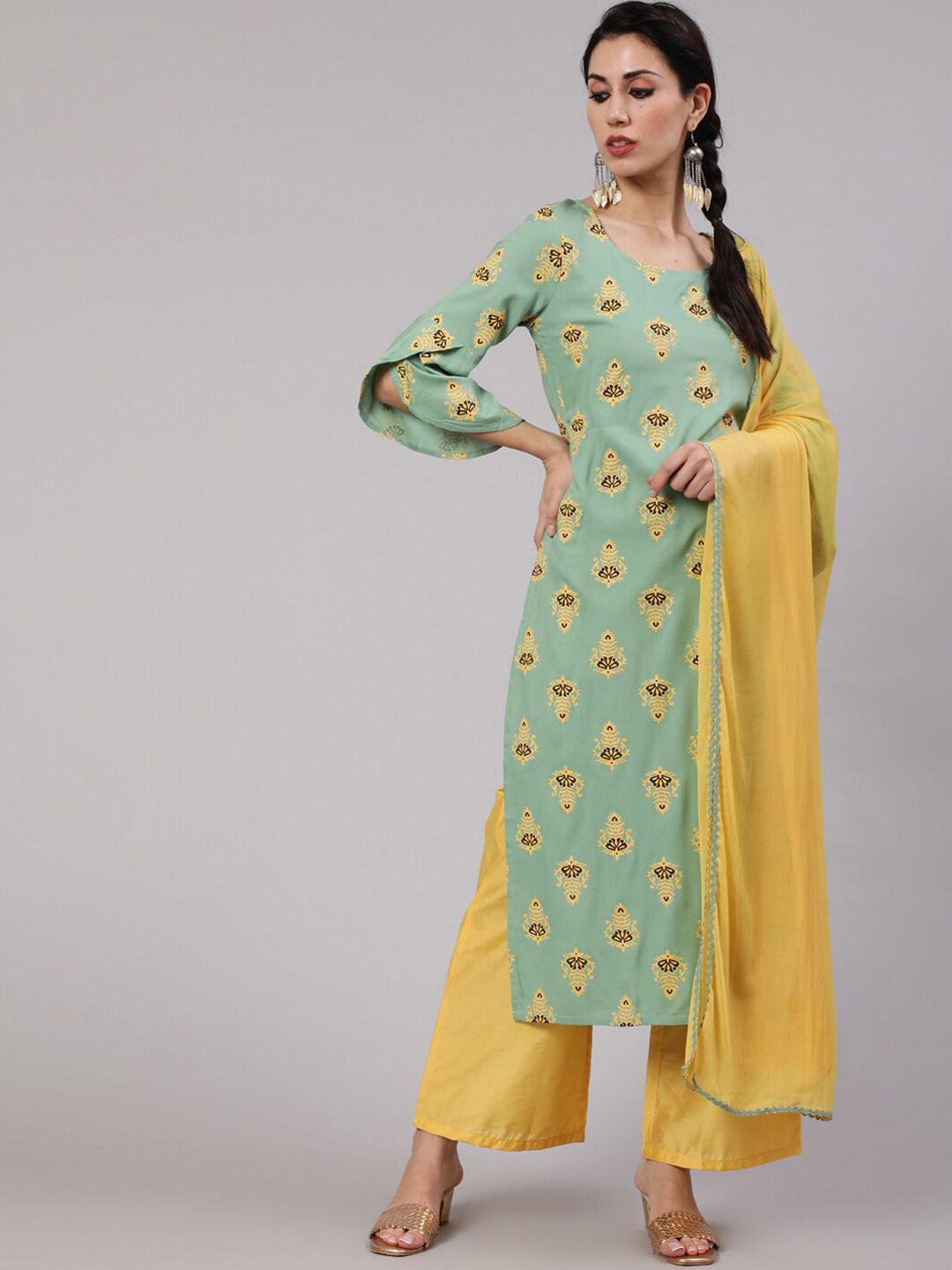 aks women yellow ethnic motifs printed regular kurta with palazzos & with dupatta