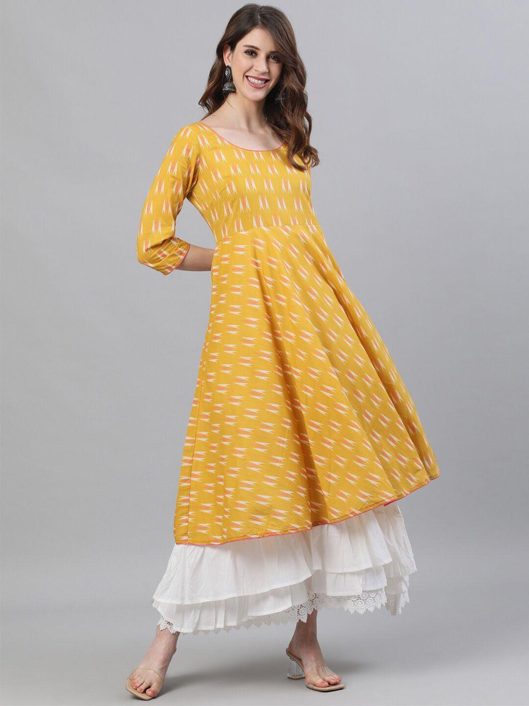 aks yellow ethnic motifs print bell sleeve maxi dress