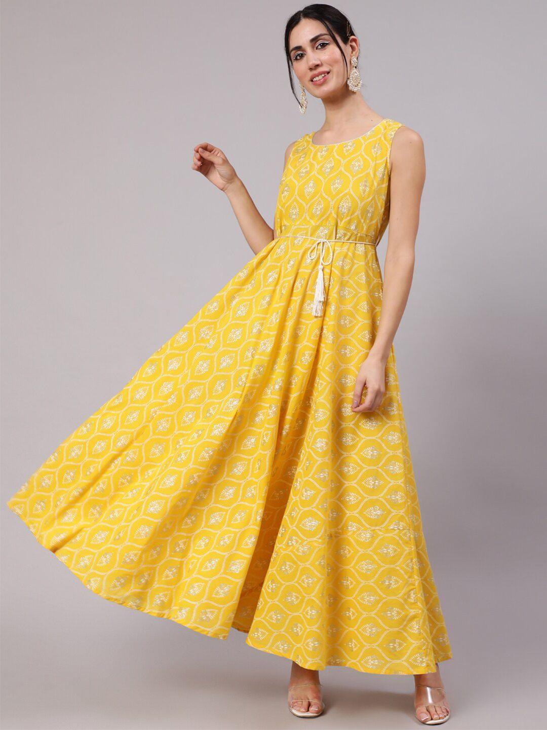 aks yellow ethnic motifs print maxi dress