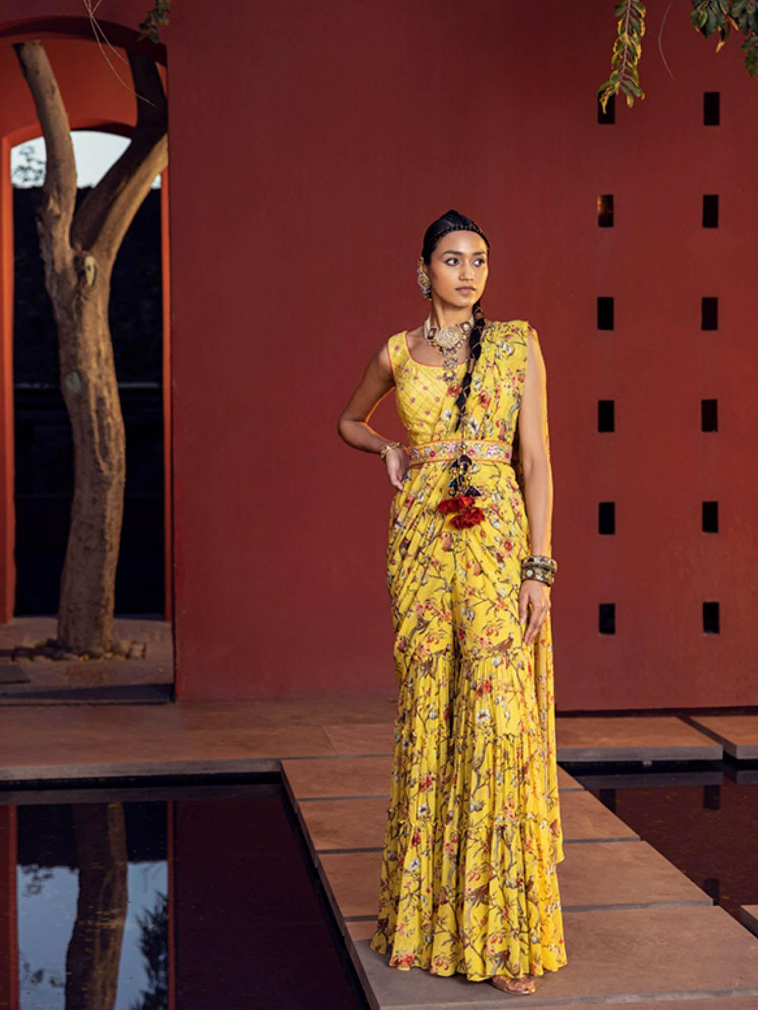 aksa pre draped gharara saree with stitched blouse
