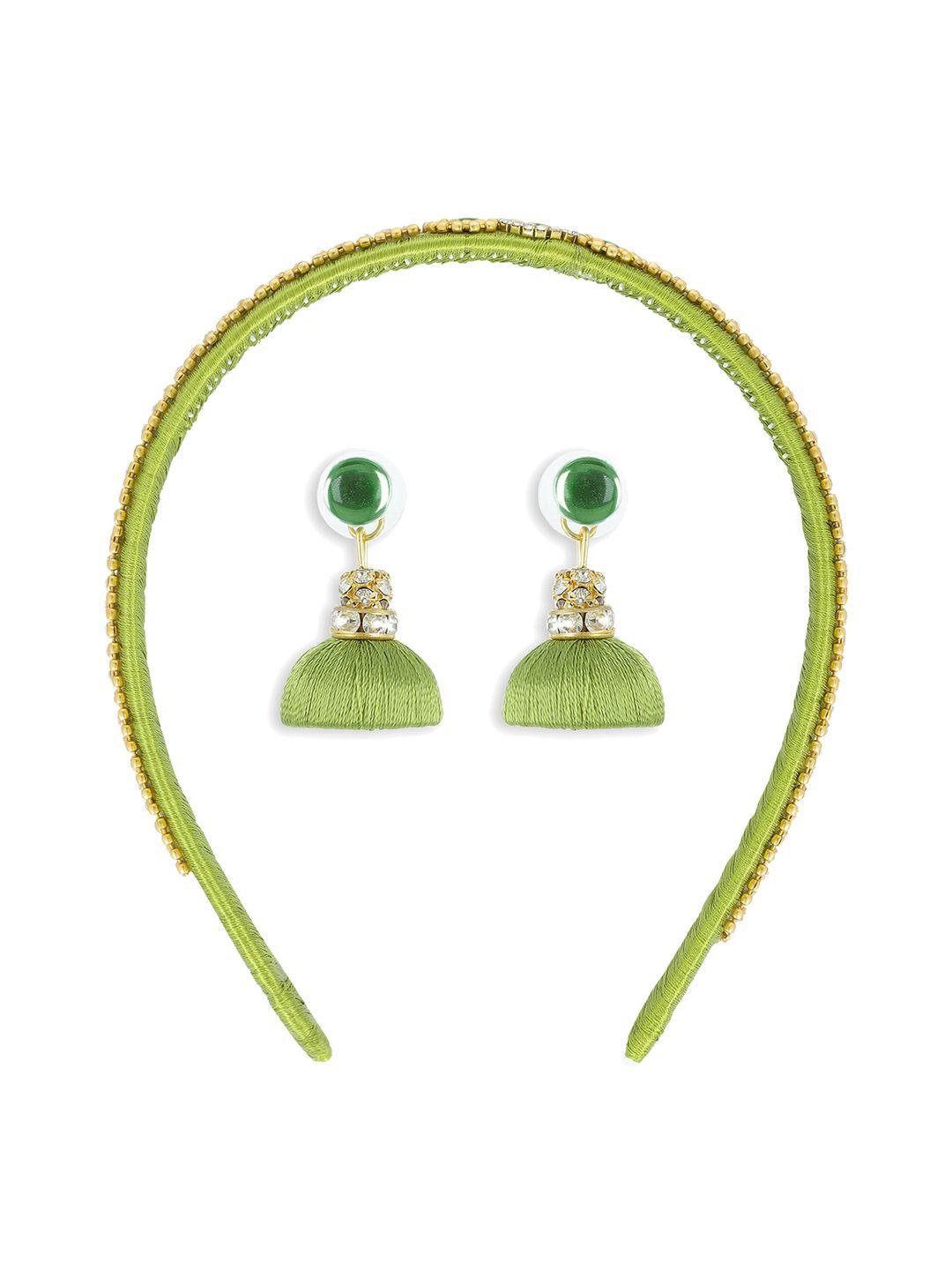 akshara girls green set of beaded hair band & pair of jhumkas