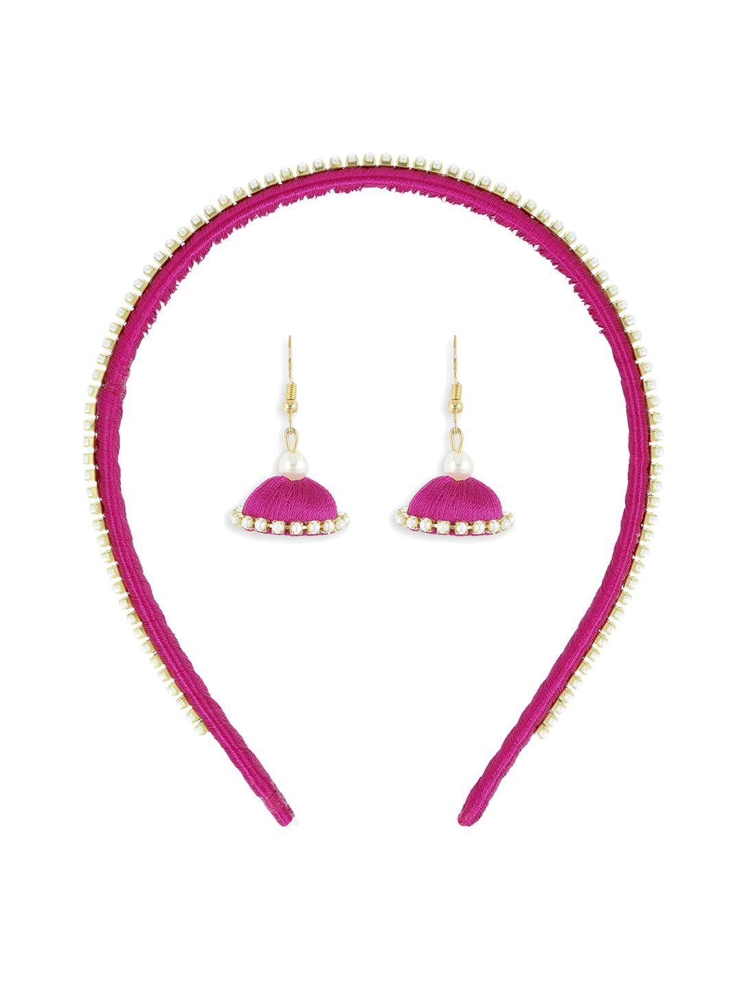 akshara girls pink set of beaded hair band & pair of jhumkas
