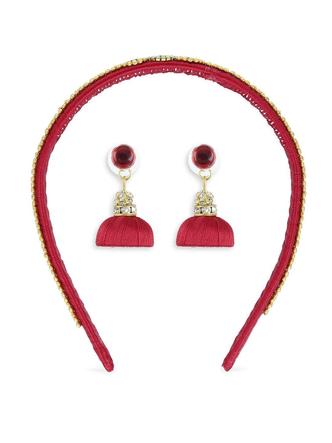 akshara girls red & gold-toned set of 2- earrings and hairband